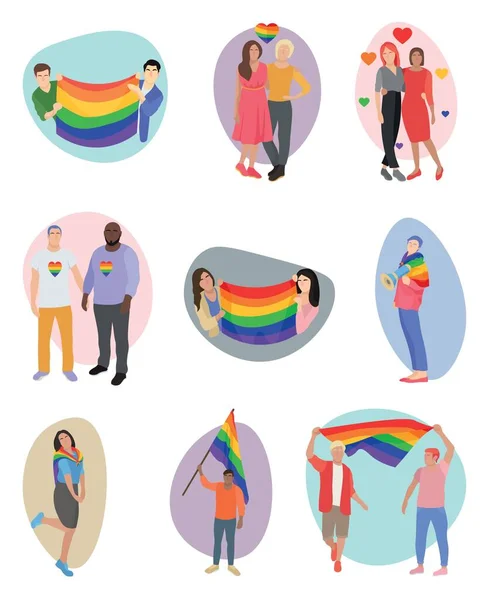 Set People Rainbow Lgbt Flags White Background — Vettoriale Stock