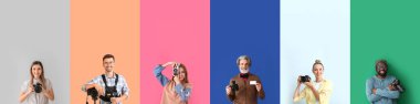 Group of different photographers with modern cameras on color background