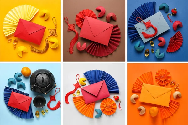 Collection Traditional Fortune Cookies Envelopes Chinese New Year Symbols Color — Stock fotografie