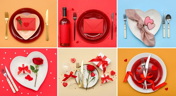 色の背景にバレンタインデーディナーのための美しいテーブル設定のセット トップビュー — ストック写真