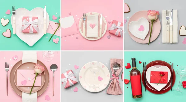 色の背景にバレンタインデーディナーのための美しいテーブル設定のコラージュ トップビュー — ストック写真