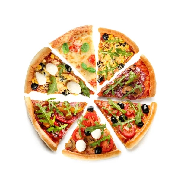 不同口味的披萨片 独立在白色的顶部视图上 — 图库照片