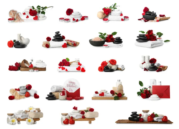 Σετ Προμηθειών Spa Κόκκινα Τριαντάφυλλα Λευκό Φόντο Γιορτή Του Αγίου — Φωτογραφία Αρχείου