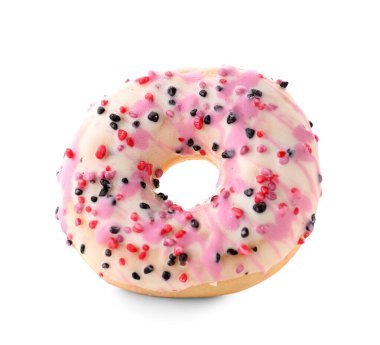 Beyaz arka plan üzerinde izole renkli sprinkles ile lezzetli tatlı çörek