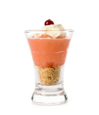 Shot of delicious pudding with cranberry and cream isolated on white background