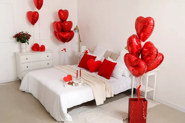 Interior Bedroom Decorated Valentine Day Balloons Engagement Ring — Stock Photo, Image