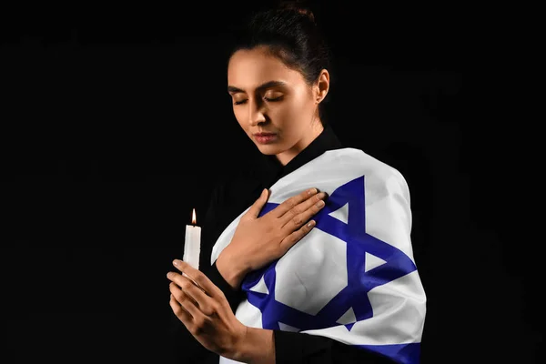 Young Woman Candle Flag Israel Praying Black Background International Holocaust — Stock Photo, Image