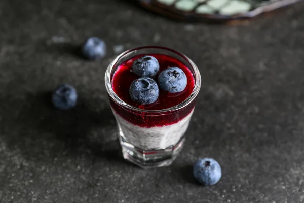 Shot Delicious Chia Seed Pudding Blueberry Black Table — Stock Photo, Image