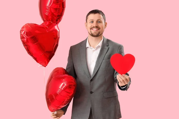 Handsome Man Balloons Paper Heart Pink Background Valentine Day Celebration — Stock Photo, Image