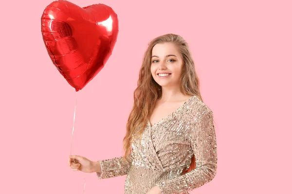 Happy Young Woman Heart Shaped Balloon Pink Background Valentine Day — Stock Photo, Image