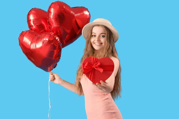 Happy Young Woman Heart Shaped Balloons Gift Blue Background Valentine — Fotografia de Stock