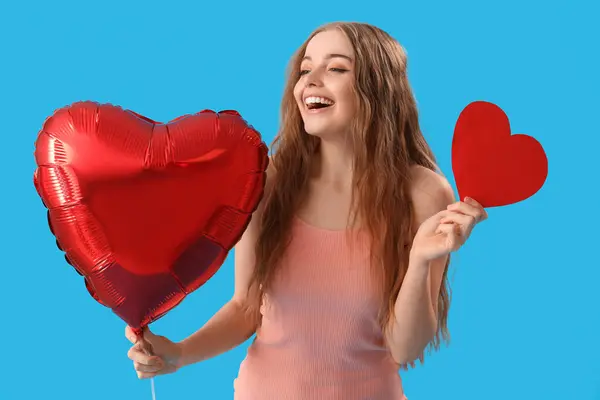 Happy Young Woman Balloon Paper Heart Blue Background Valentine Day — Fotografia de Stock