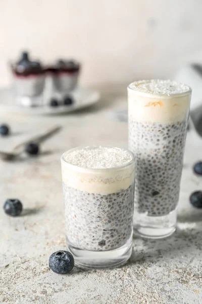 Shots Delicious Pudding Chia Seeds Blueberries White Table Closeup — Stock Photo, Image