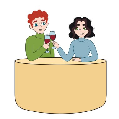 Beyaz arka planda otururken şarap içen mutlu çift. Sevgililer Günü kutlaması