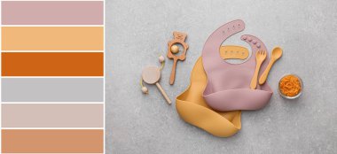 Silicone baby bibs with food, cutlery and toys on grey background. Different color patterns