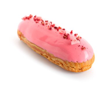 Delicious glazed eclair isolated on white background