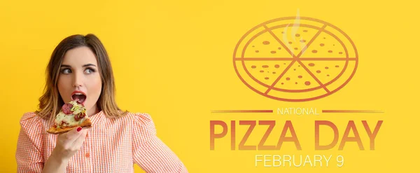 Banner for National Pizza Day with beautiful young woman on yellow background