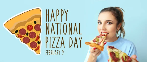 Banner for National Pizza Day with beautiful young woman on light blue background