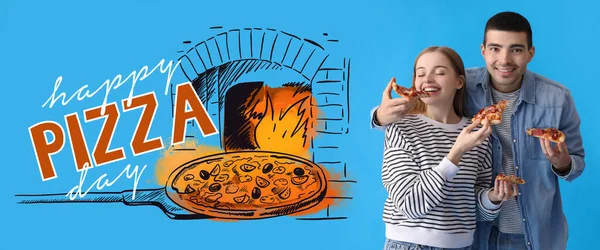 Banner National Pizza Day Happy Young Couple Blue Background — Stock Photo, Image