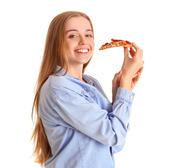 Красивая Молодая Женщина Ест Свежую Пиццу Белом Фоне — стоковое фото