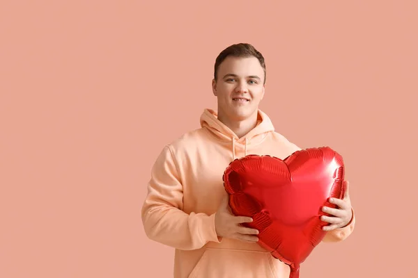 Young Man Balloon Valentine Day Beige Background — Stock Photo, Image