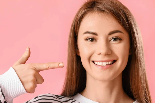 Young Woman Pointing Her Teeth Pink Background Closeup — Stock Photo, Image