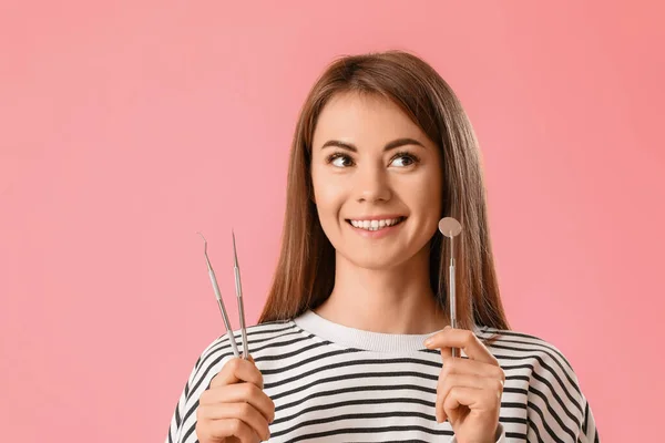 Young Woman Dental Tools Pink Background Closeup — Stock Photo, Image