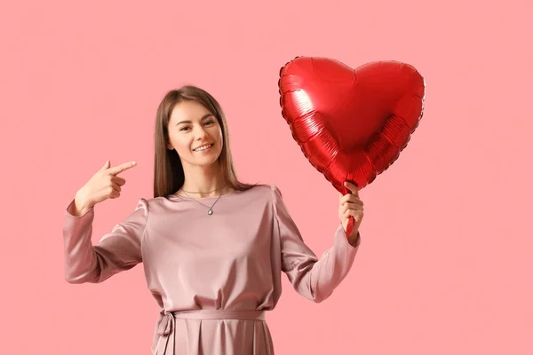 Young Woman Balloon Valentine Day Pink Background — Stock Photo, Image