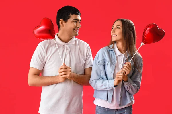 Young Couple Love Balloons Red Background Valentine Day Celebration — Stock Photo, Image