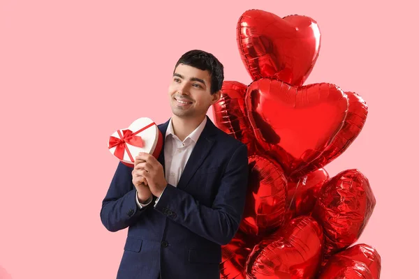 Young Man Gift Balloons Pink Background Valentine Day Celebration — Stock Photo, Image