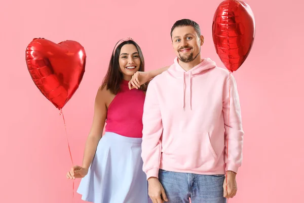 Happy Couple Love Balloons Pink Background Valentine Day Celebration — Stock Photo, Image