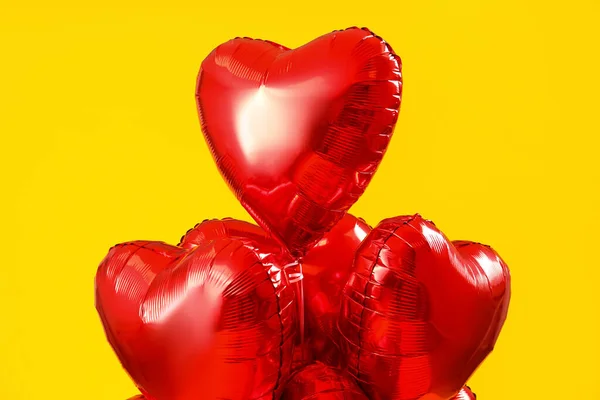 Heart Shaped Balloons Valentine Day Yellow Background Closeup — Fotografia de Stock