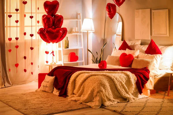 Interior Bedroom Decorated Valentine Day Balloons Gifts Glowing Lamps — Stock Photo, Image