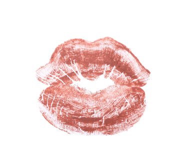 Brown lipstick kiss mark on white background