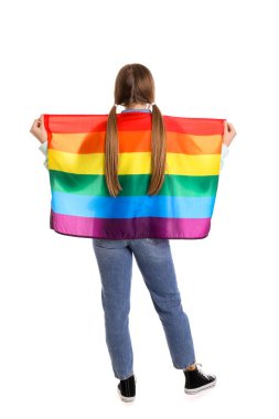 Young woman with ponytails and LGBT flag on white background, back view