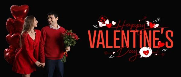 Young couple in love with roses and balloons on black background. Banner for Valentine's Day