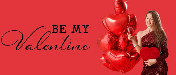 Young Woman Glass Wine Gift Balloons Red Background Banner Valentine — Stock Photo, Image