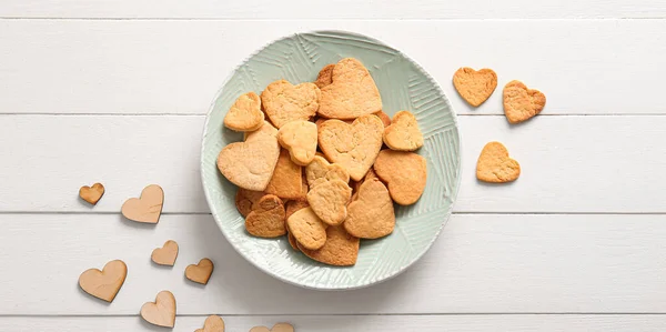 Plate Tasty Heart Shaped Cookies White Wooden Background Valentines Day — Stock Photo, Image