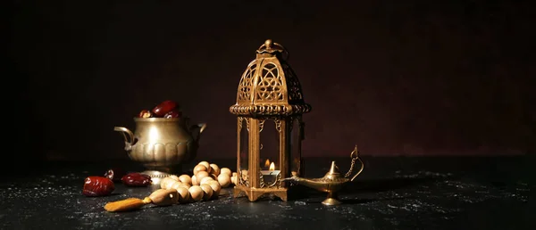 Muslim Lamps Tasbih Dates Dark Background — Zdjęcie stockowe