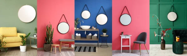 彩色墙壁上挂着圆形镜子的时髦内饰拼贴 — 图库照片