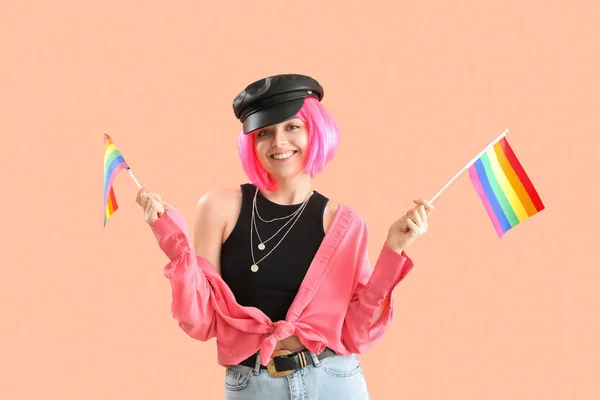 Beautiful Young Woman Lgbt Flags Pink Background — Stock Photo, Image