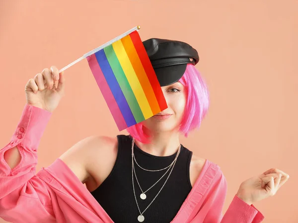 Young Woman Lgbt Flag Pink Background Closeup — Stock Photo, Image
