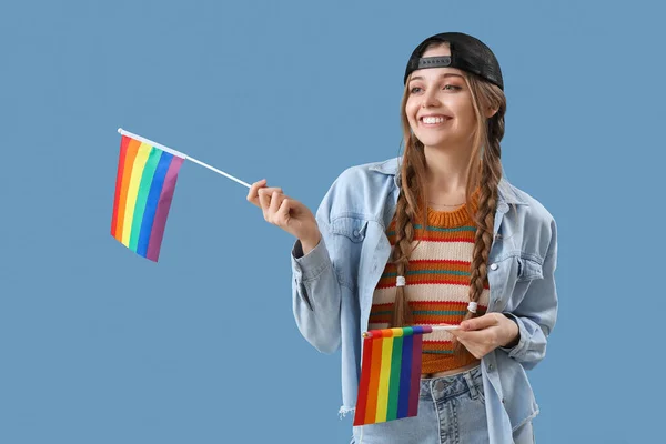 Beautiful Young Woman Lgbt Flags Blue Background — Stock Photo, Image