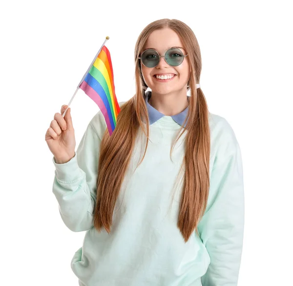Beautiful Young Woman Sunglasses Lgbt Flag White Background — Stock Photo, Image