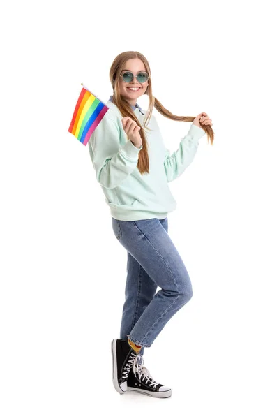 Beautiful Young Woman Sunglasses Lgbt Flag White Background — Stock Photo, Image