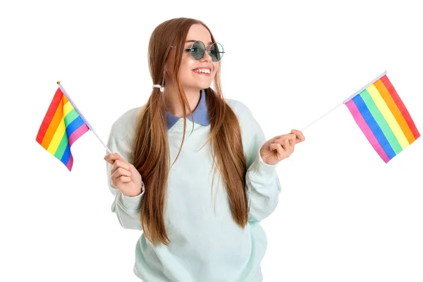 Beautiful Young Woman Sunglasses Lgbt Flags White Background — Stock Photo, Image