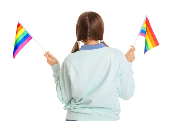 Beautiful Young Woman Lgbt Flags White Background Back View — Stock Photo, Image