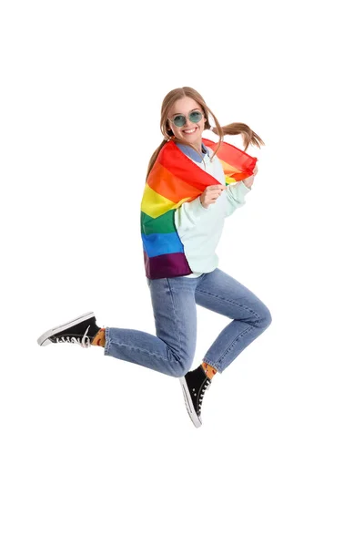 Young Woman Sunglasses Lgbt Flag Jumping White Background — Foto Stock