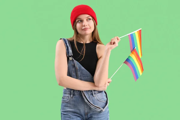 Beautiful Young Woman Lgbt Flags Green Background — Stock Photo, Image