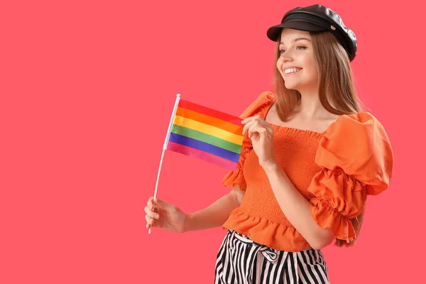 Beautiful Young Woman Hat Lgbt Flag Red Background — Stock Photo, Image